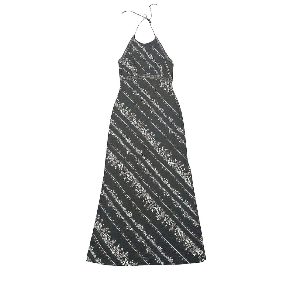 BCBG Max Azria Black Floral Stripe Halter Maxi Dress Crochet Trim Open Back S